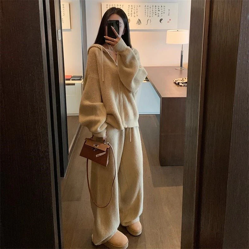 Ribbed Knit Zip-Up Hoodie Autumn Two-Piece Loungewear(MS162) - Image 2
