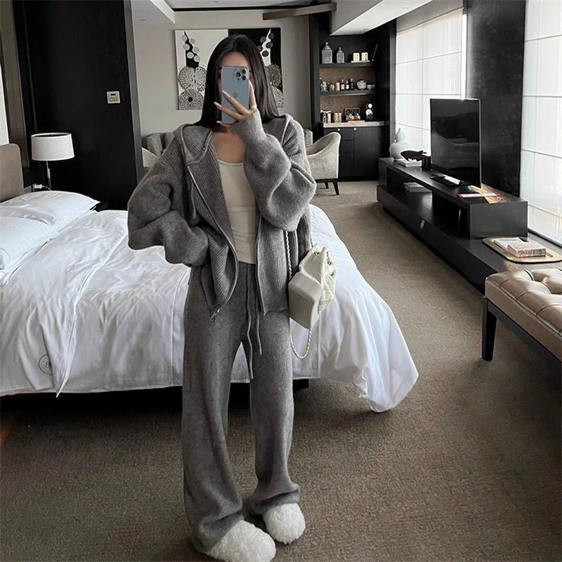 Ribbed Knit Zip-Up Hoodie Autumn Two-Piece Loungewear(MS162) - Image 7