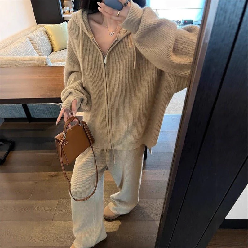 Ribbed Knit Zip-Up Hoodie Autumn Two-Piece Loungewear(MS162) - Image 8