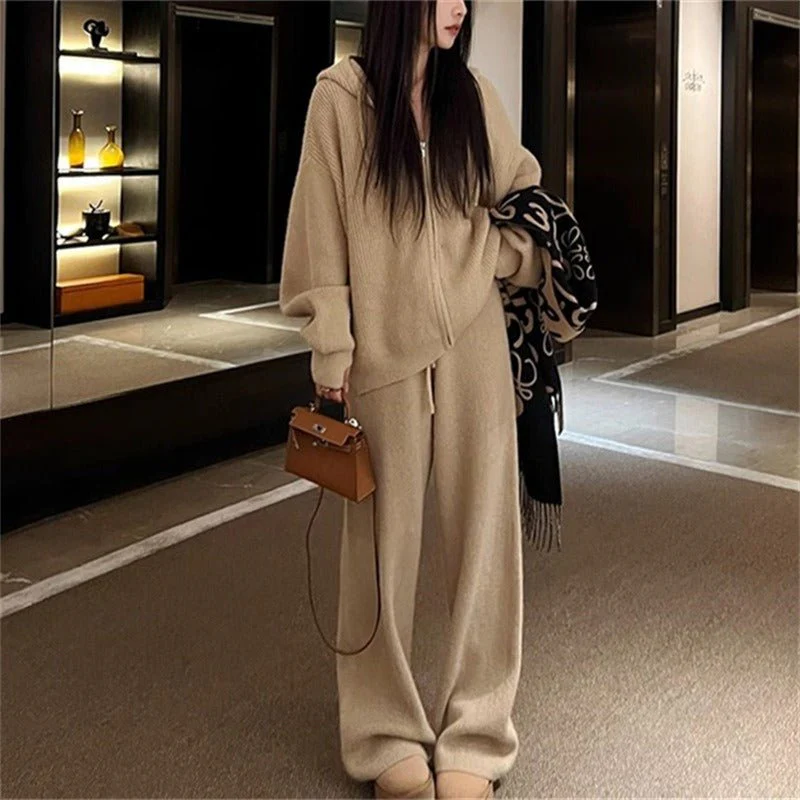 Ribbed Knit Zip-Up Hoodie Autumn Two-Piece Loungewear(MS162) - Image 9
