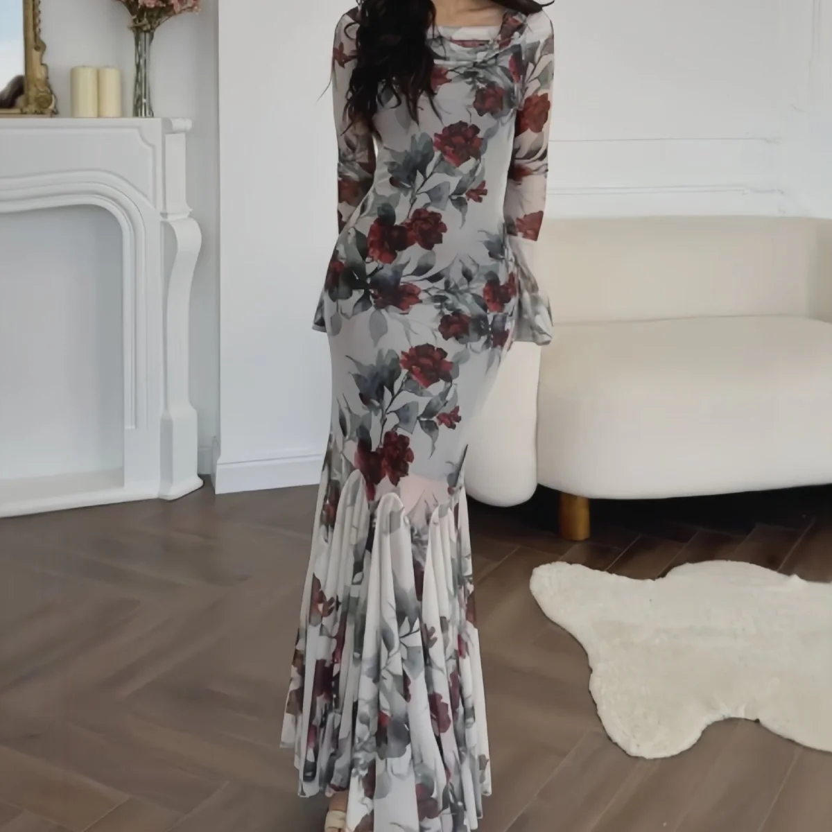 Romantic Floral Mermaid Dress | Elegant Ruffle Hem Long Sleeve French Style Maxi Dress(MS268) - Image 3