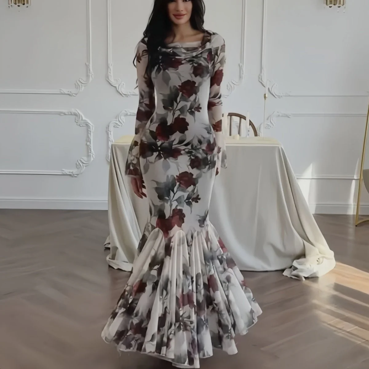 Romantic Floral Mermaid Dress | Elegant Ruffle Hem Long Sleeve French Style Maxi Dress(MS268) - Image 6