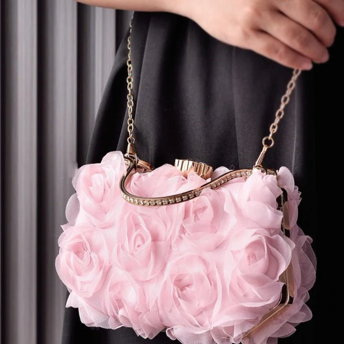Rose Flower Evening Clutch | Bridal Wedding Bag with Metal Handle(MAC357) - Image 9