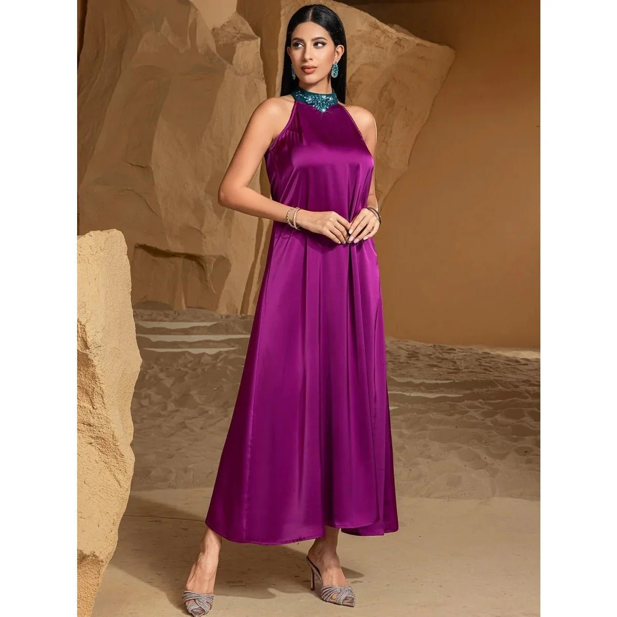 Rose Purple Luxury Feather-Embellished Abaya Dress Two-Piece Set with Crystal & Bead Details (MOA159) - Image 10