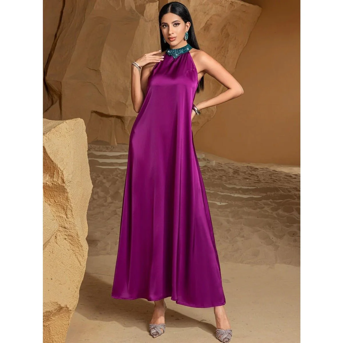 Rose Purple Luxury Feather-Embellished Abaya Dress Two-Piece Set with Crystal & Bead Details (MOA159) - Image 11