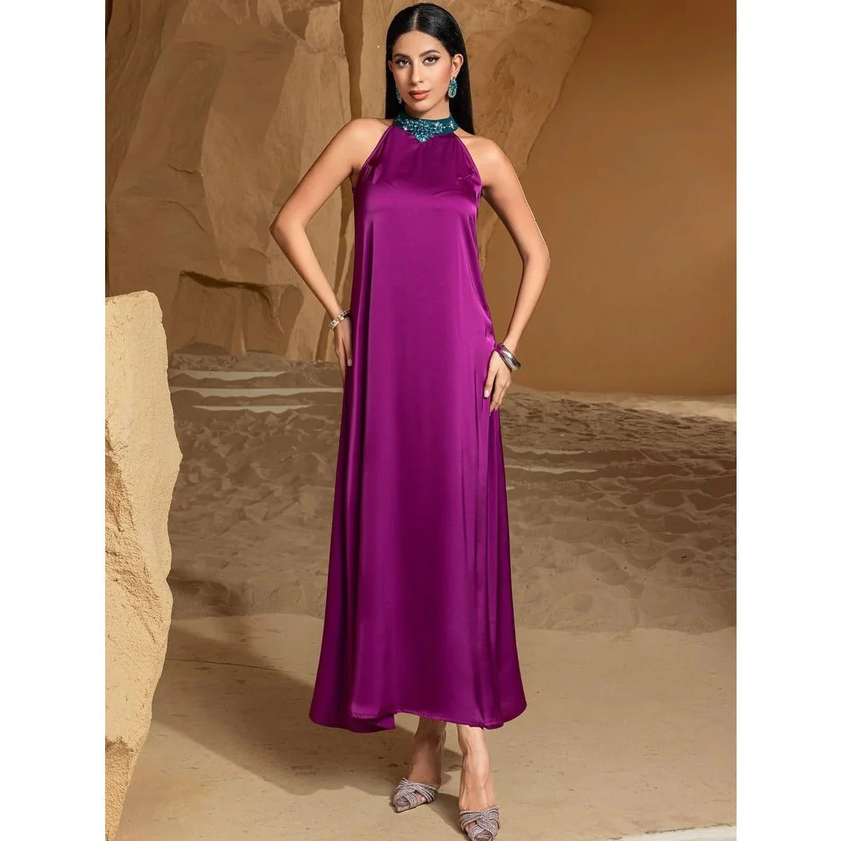 Rose Purple Luxury Feather-Embellished Abaya Dress Two-Piece Set with Crystal & Bead Details (MOA159) - Image 12