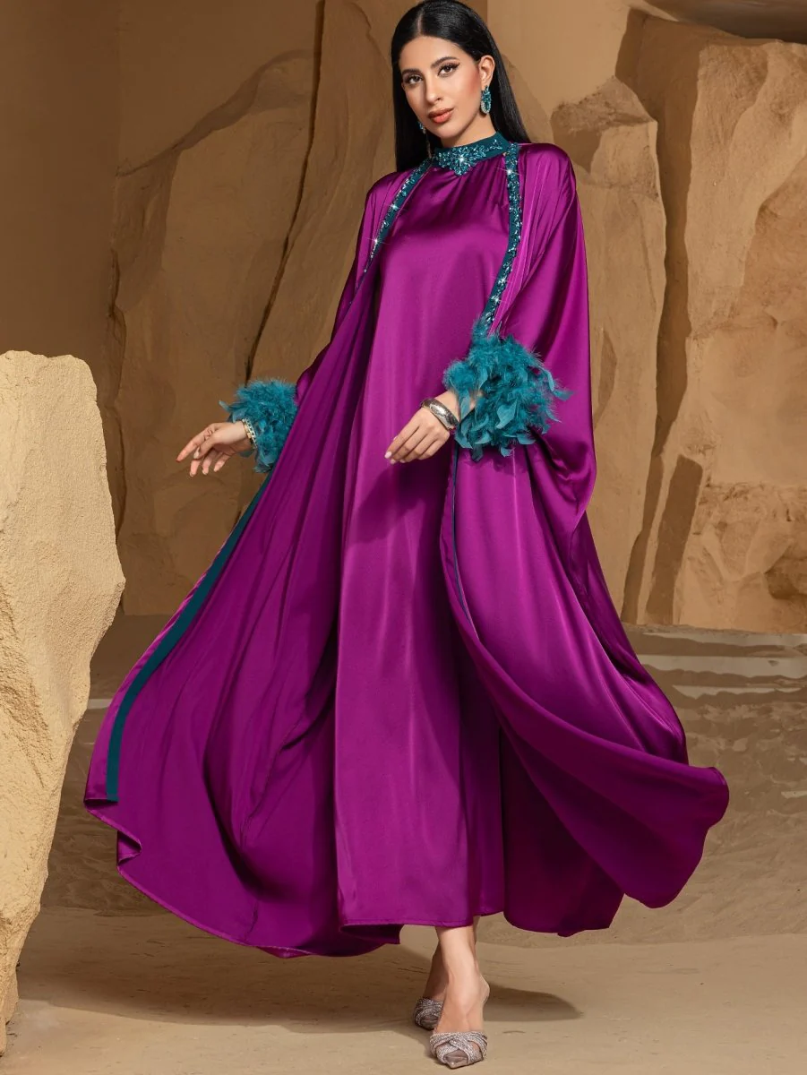 Rose Purple Luxury Feather-Embellished Abaya Dress Two-Piece Set with Crystal & Bead Details (MOA159) - Image 19