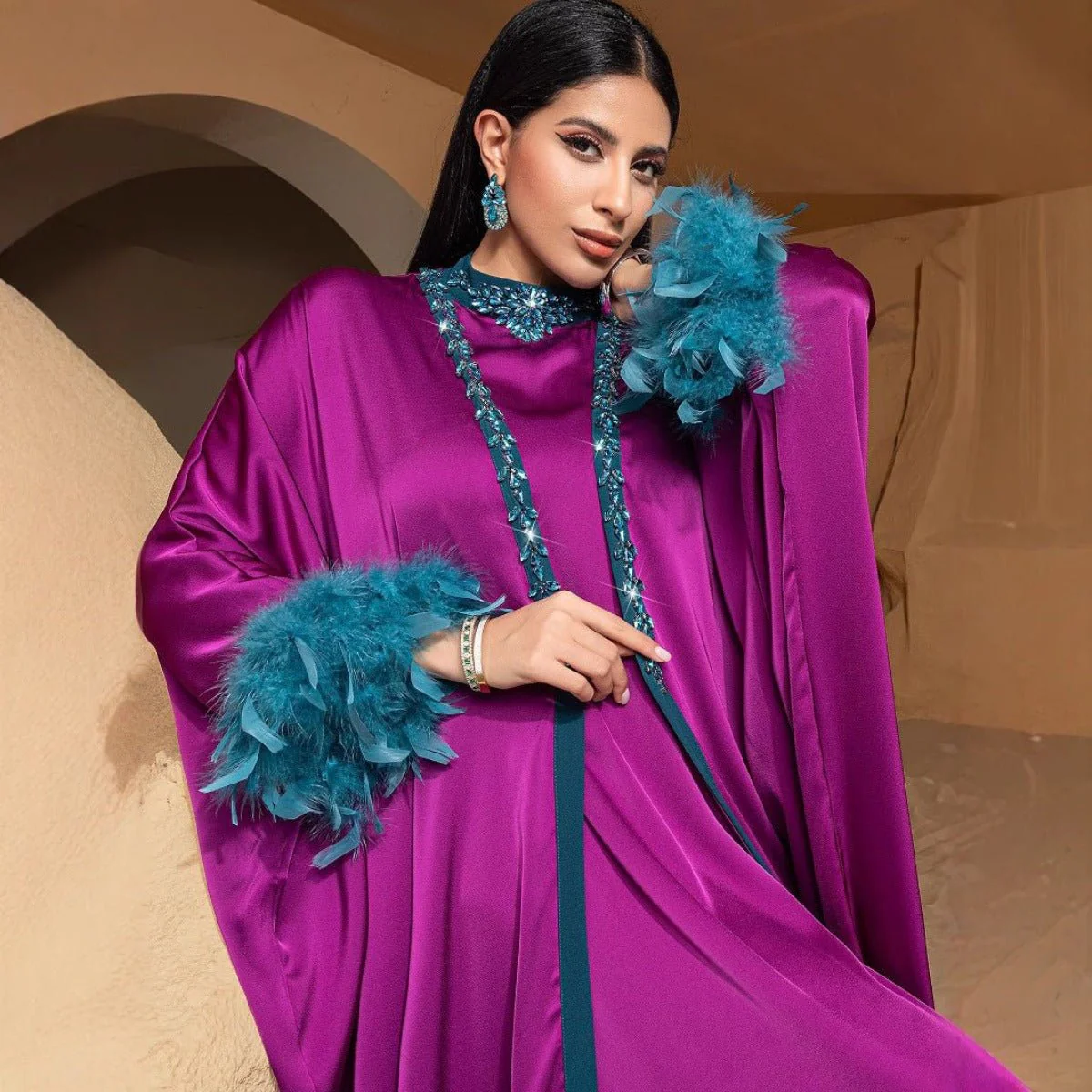 Rose Purple Luxury Feather-Embellished Abaya Dress Two-Piece Set with Crystal & Bead Details (MOA159) - Image 2