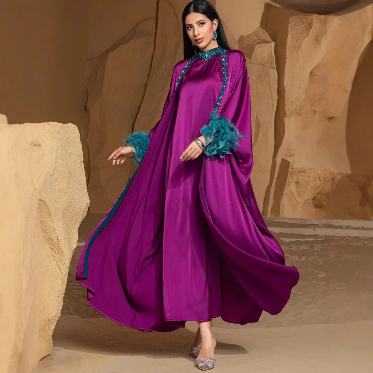Rose Purple Luxury Feather-Embellished Abaya Dress Two-Piece Set with Crystal & Bead Details (MOA159) - Image 3