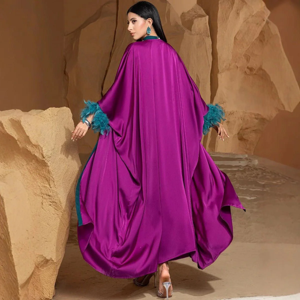 Rose Purple Luxury Feather-Embellished Abaya Dress Two-Piece Set with Crystal & Bead Details (MOA159) - Image 4