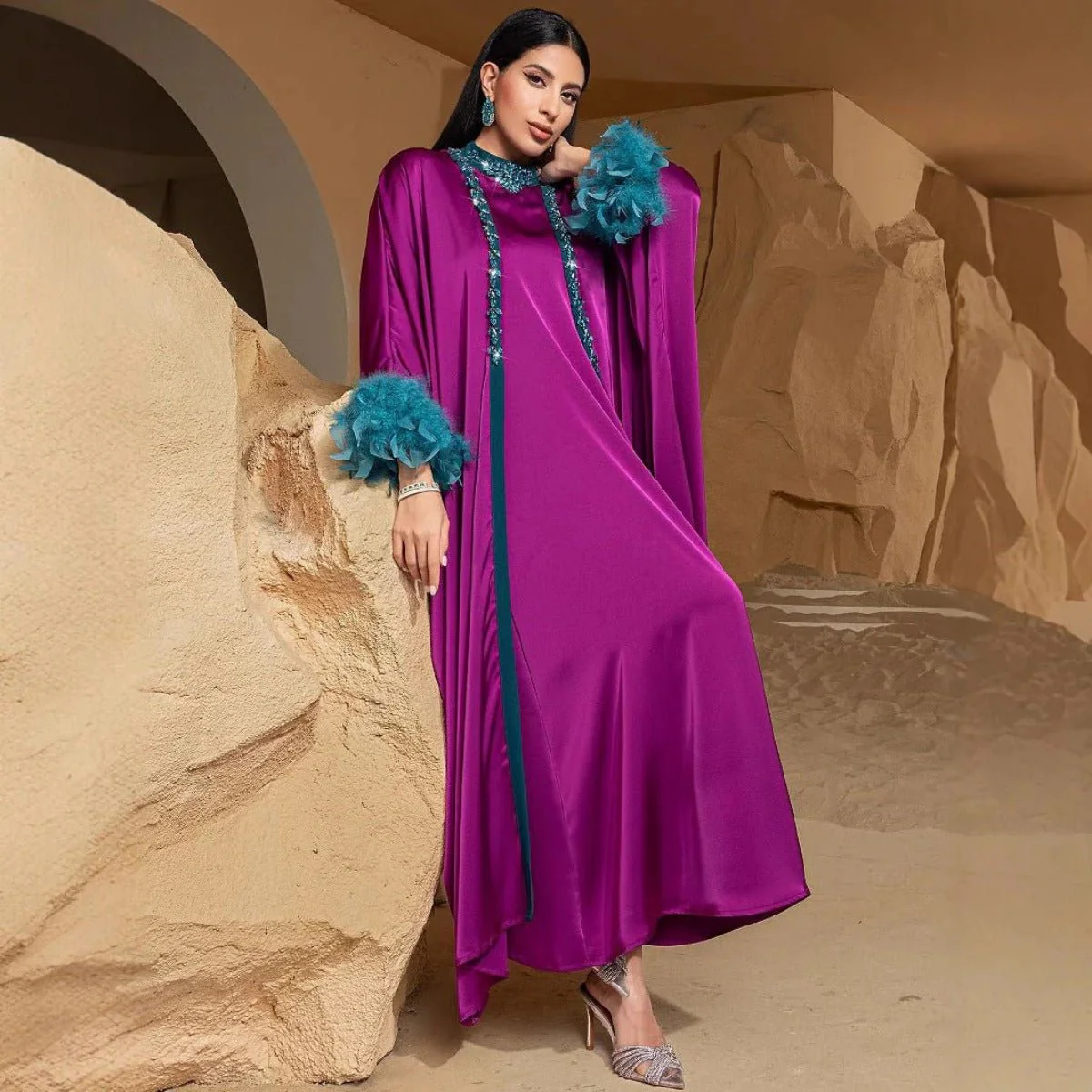 Rose Purple Luxury Feather-Embellished Abaya Dress Two-Piece Set with Crystal & Bead Details (MOA159) - Image 5