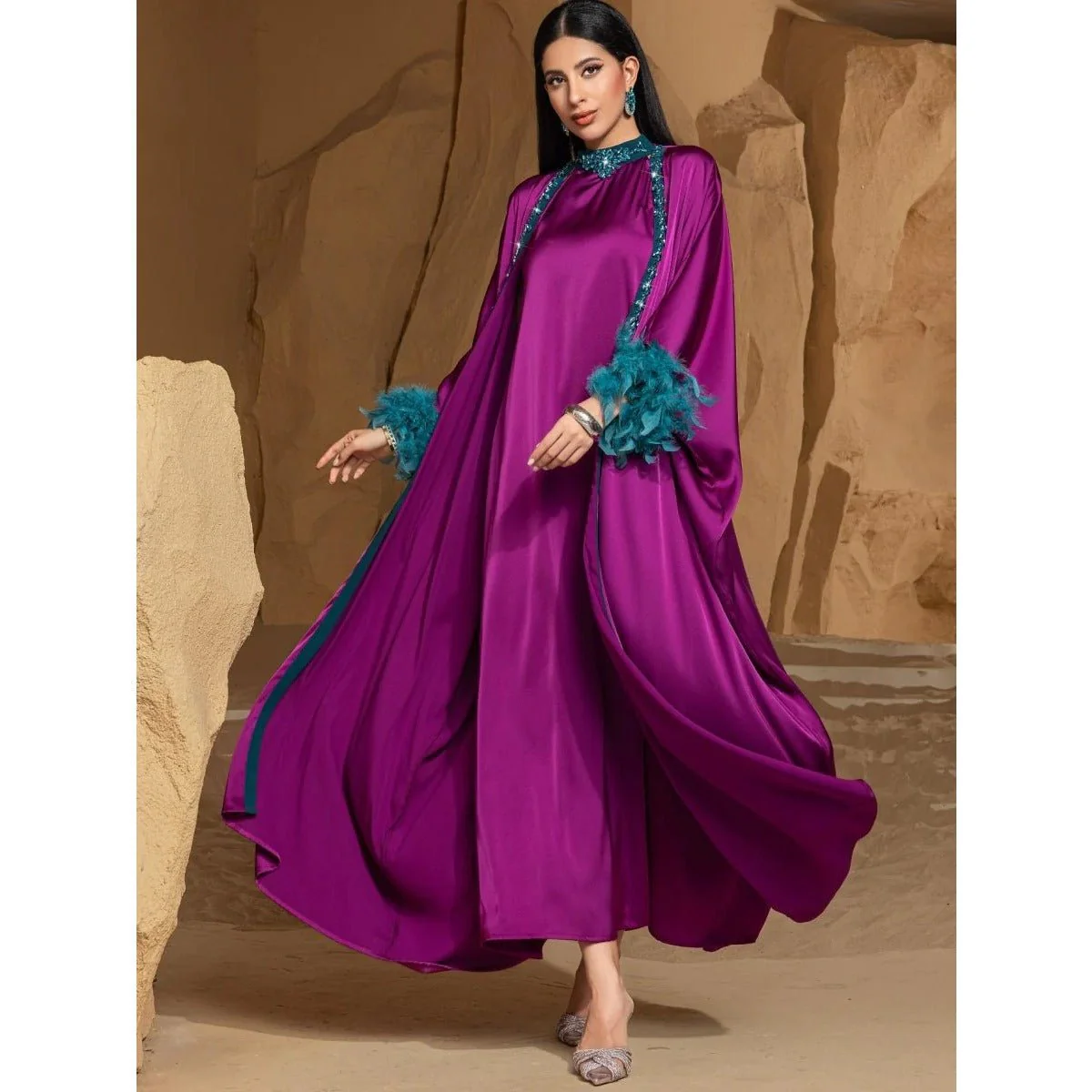 Rose Purple Luxury Feather-Embellished Abaya Dress Two-Piece Set with Crystal & Bead Details (MOA159) - Image 6
