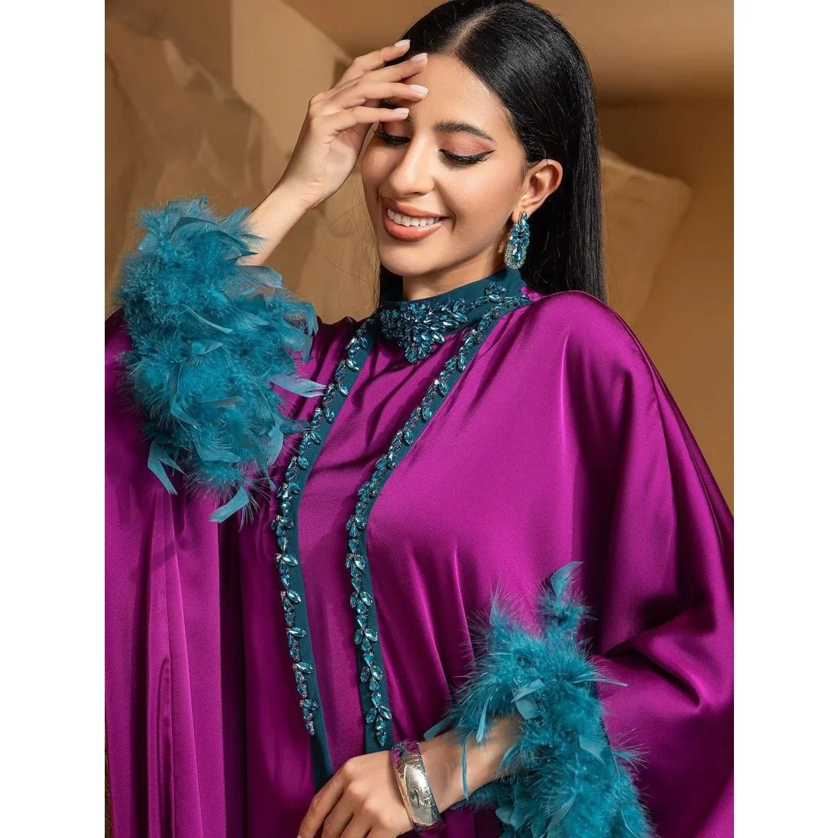 Rose Purple Luxury Feather-Embellished Abaya Dress Two-Piece Set with Crystal & Bead Details (MOA159) - Image 7