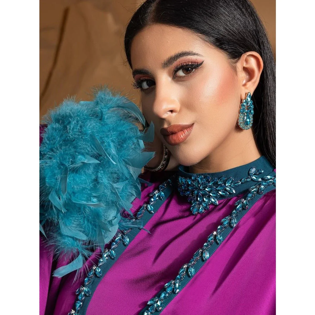 Rose Purple Luxury Feather-Embellished Abaya Dress Two-Piece Set with Crystal & Bead Details (MOA159) - Image 8