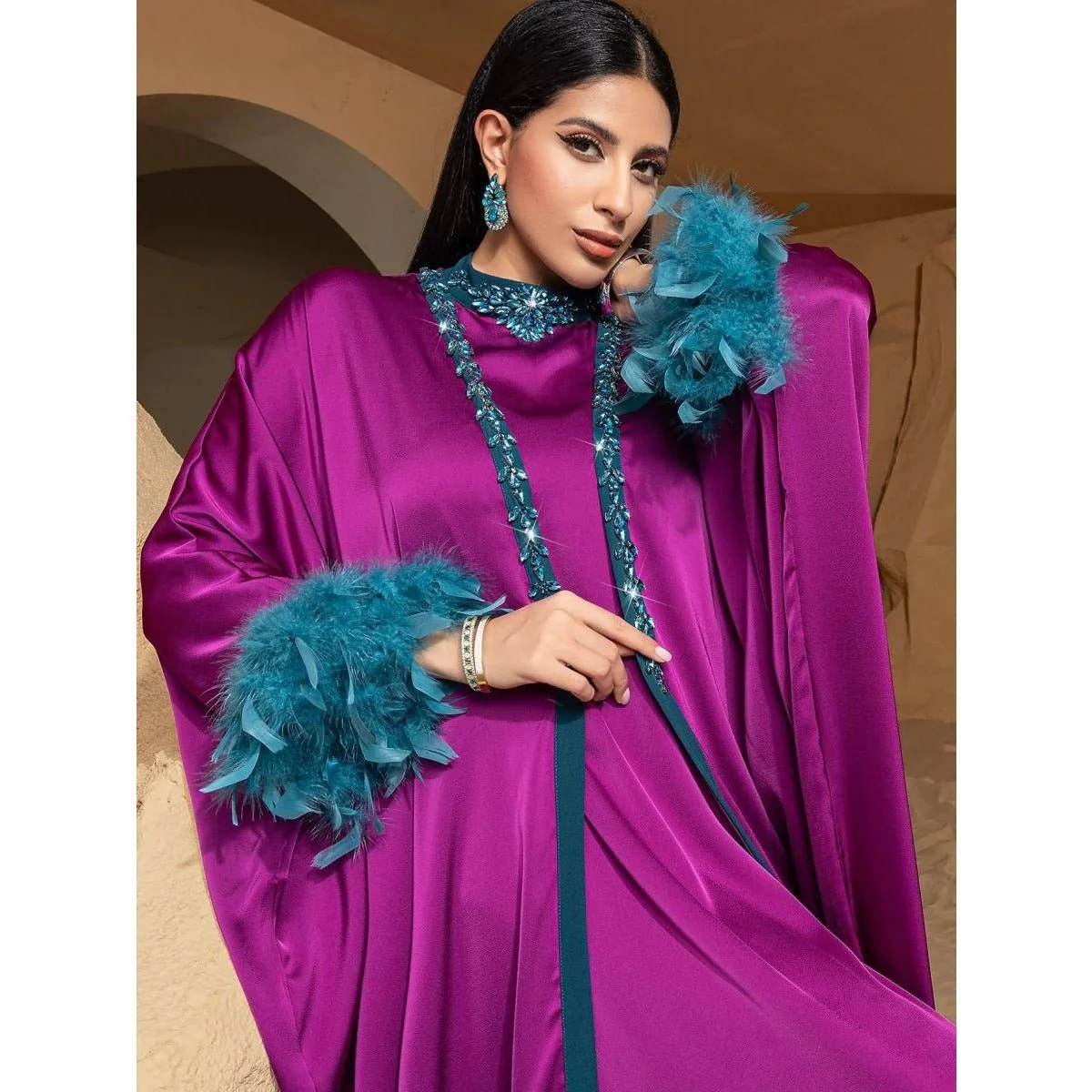 Rose Purple Luxury Feather-Embellished Abaya Dress Two-Piece Set with Crystal & Bead Details (MOA159) - Image 9