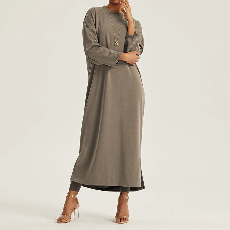 Round Neck Drop Shoulder Maxi Dress - Solid Color Modest Abaya with Side Slits (MA309) - Image 10