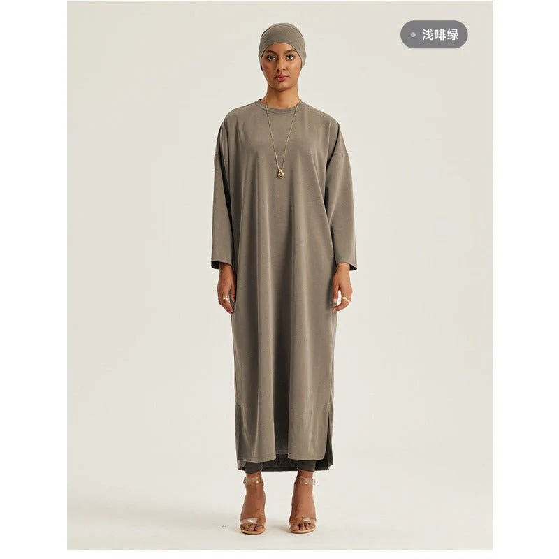 Round Neck Drop Shoulder Maxi Dress - Solid Color Modest Abaya with Side Slits (MA309) - Image 11