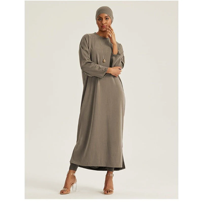 Round Neck Drop Shoulder Maxi Dress - Solid Color Modest Abaya with Side Slits (MA309) - Image 12