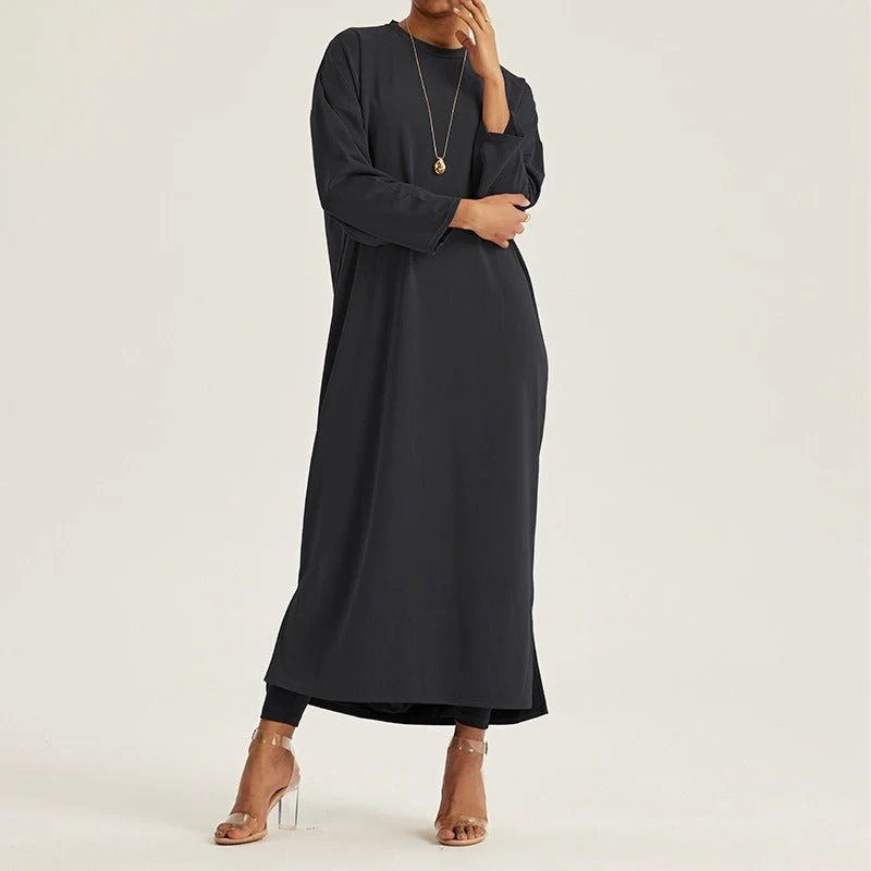 Round Neck Drop Shoulder Maxi Dress - Solid Color Modest Abaya with Side Slits (MA309) - Image 14