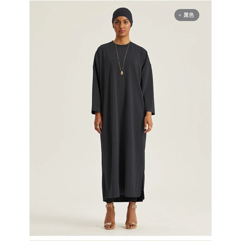 Round Neck Drop Shoulder Maxi Dress - Solid Color Modest Abaya with Side Slits (MA309) - Image 15