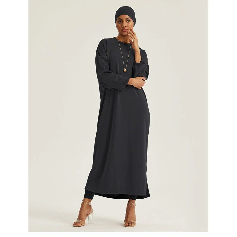 Round Neck Drop Shoulder Maxi Dress - Solid Color Modest Abaya with Side Slits (MA309) - Image 16