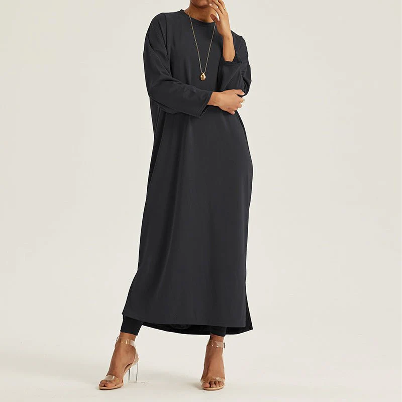 Round Neck Drop Shoulder Maxi Dress - Solid Color Modest Abaya with Side Slits (MA309) - Image 19