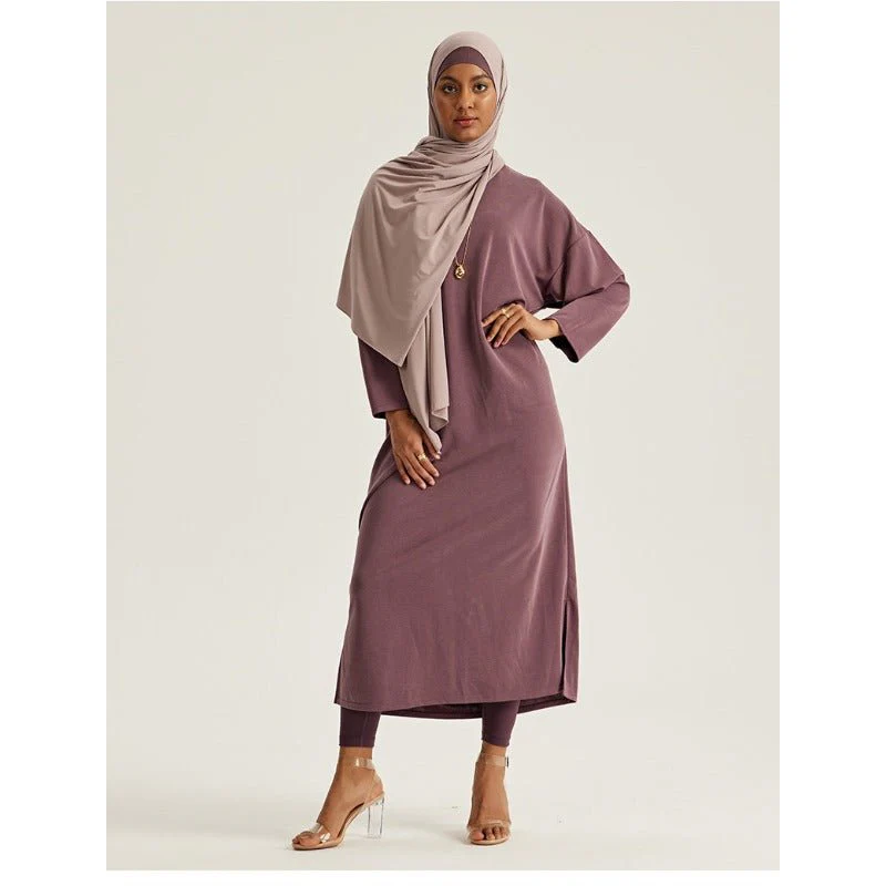 Round Neck Drop Shoulder Maxi Dress - Solid Color Modest Abaya with Side Slits (MA309) - Image 2