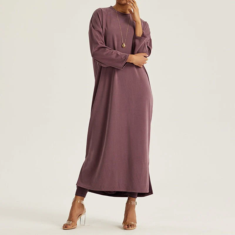 Round Neck Drop Shoulder Maxi Dress - Solid Color Modest Abaya with Side Slits (MA309) - Image 20