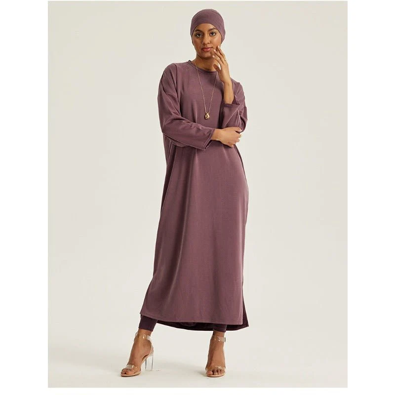 Round Neck Drop Shoulder Maxi Dress - Solid Color Modest Abaya with Side Slits (MA309) - Image 4