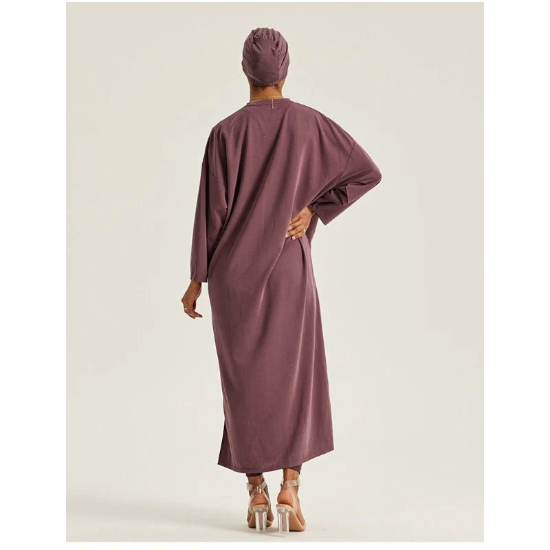 Round Neck Drop Shoulder Maxi Dress - Solid Color Modest Abaya with Side Slits (MA309) - Image 5