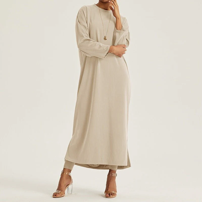 Round Neck Drop Shoulder Maxi Dress - Solid Color Modest Abaya with Side Slits (MA309) - Image 6