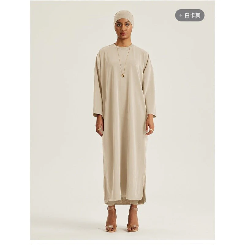 Round Neck Drop Shoulder Maxi Dress - Solid Color Modest Abaya with Side Slits (MA309) - Image 7