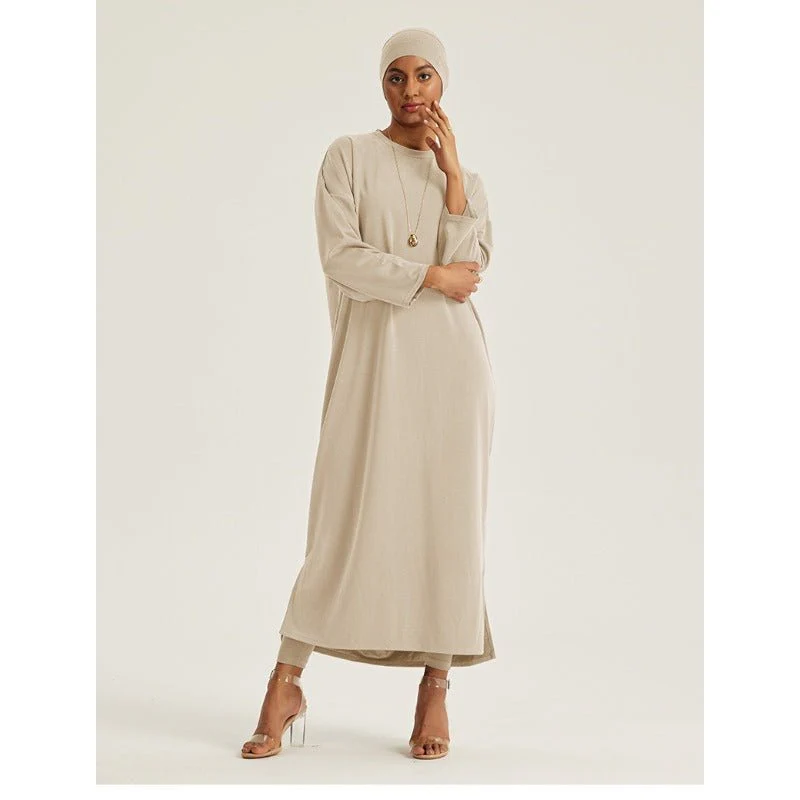 Round Neck Drop Shoulder Maxi Dress - Solid Color Modest Abaya with Side Slits (MA309) - Image 8