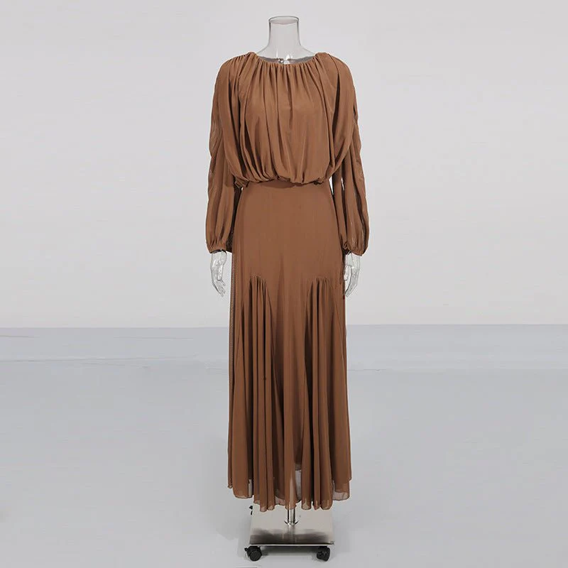Round Neck Ruched Bodice Lantern Sleeve Floor-Length Dress(MS402) - Image 15