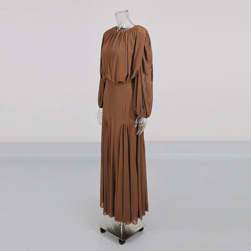 Round Neck Ruched Bodice Lantern Sleeve Floor-Length Dress(MS402) - Image 16