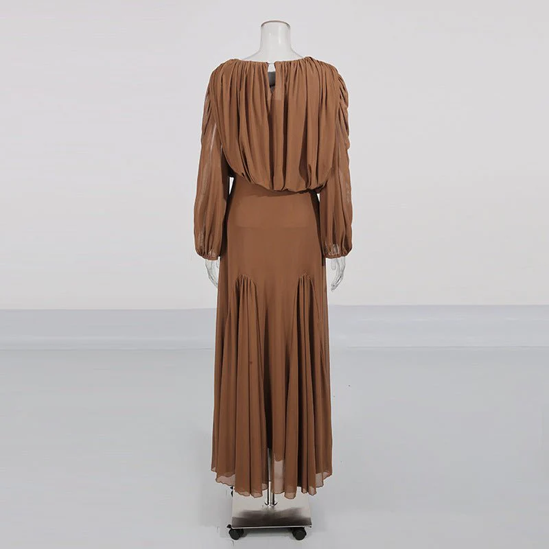 Round Neck Ruched Bodice Lantern Sleeve Floor-Length Dress(MS402) - Image 17
