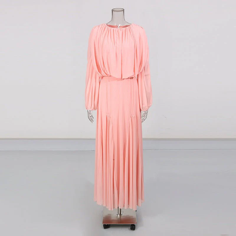 Round Neck Ruched Bodice Lantern Sleeve Floor-Length Dress(MS402) - Image 18