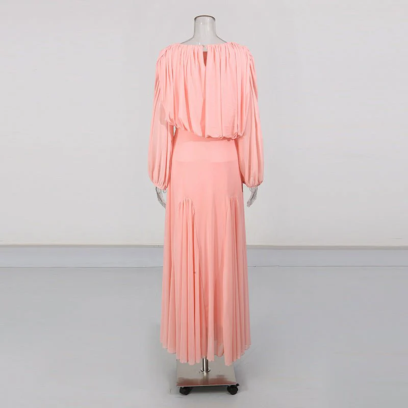Round Neck Ruched Bodice Lantern Sleeve Floor-Length Dress(MS402) - Image 19