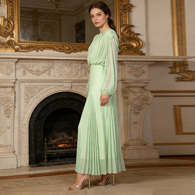Round Neck Ruched Bodice Lantern Sleeve Floor-Length Dress(MS402) - Image 2