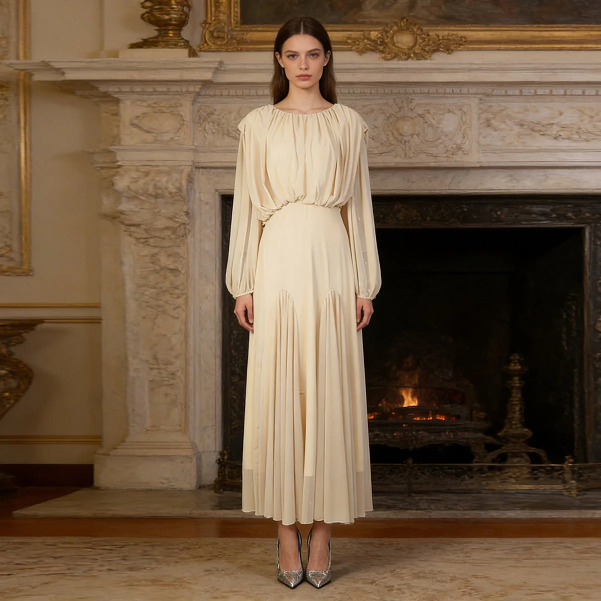 Round Neck Ruched Bodice Lantern Sleeve Floor-Length Dress(MS402) - Image 3