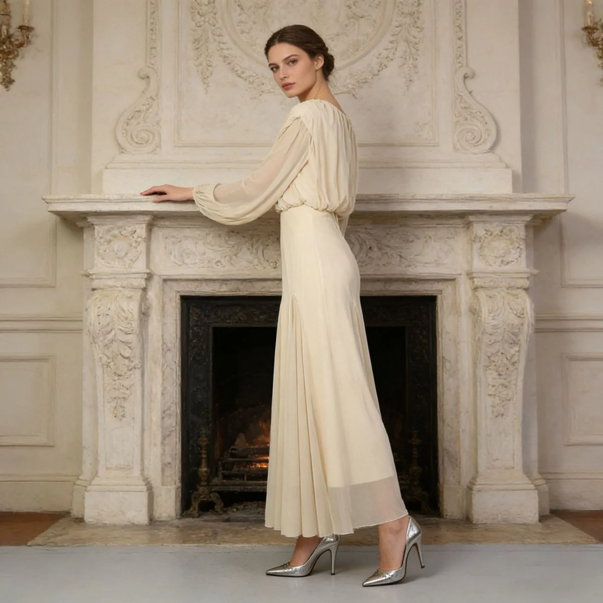 Round Neck Ruched Bodice Lantern Sleeve Floor-Length Dress(MS402) - Image 4
