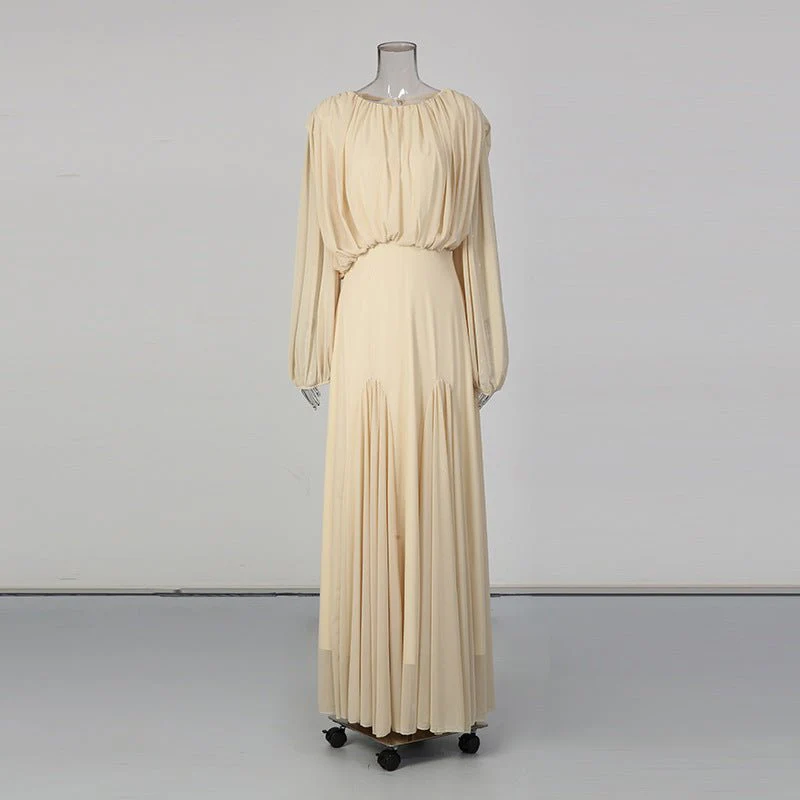 Round Neck Ruched Bodice Lantern Sleeve Floor-Length Dress(MS402) - Image 5