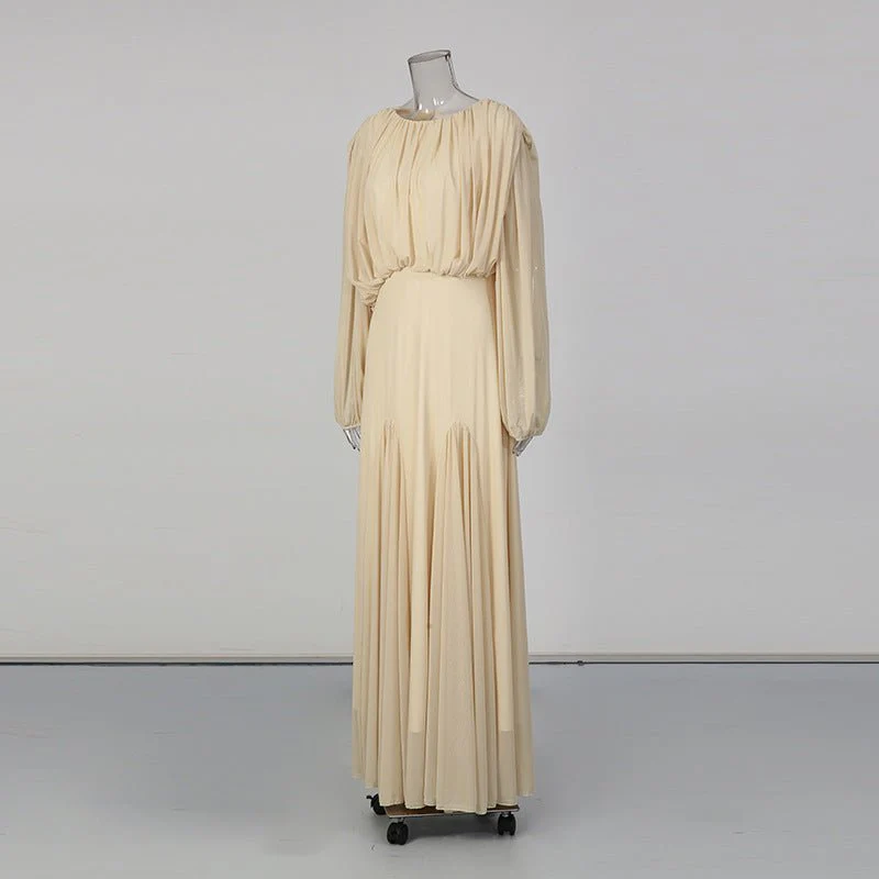Round Neck Ruched Bodice Lantern Sleeve Floor-Length Dress(MS402) - Image 6