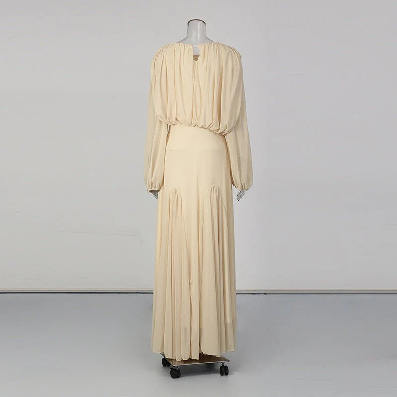 Round Neck Ruched Bodice Lantern Sleeve Floor-Length Dress(MS402) - Image 7