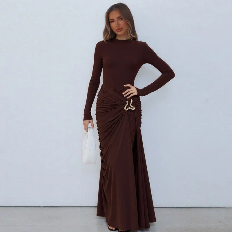 Ruched Bodycon Gown with Metal Hardware | High Neck Modal Maxi Dress(MS233) - Image 10