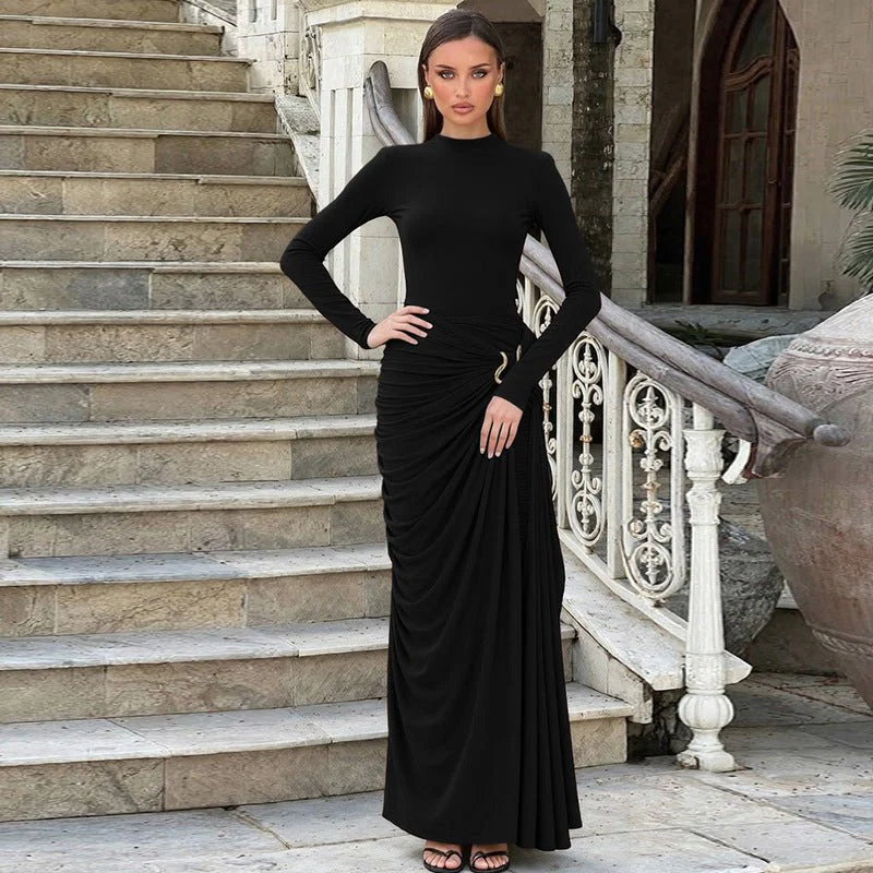 Ruched Bodycon Gown with Metal Hardware | High Neck Modal Maxi Dress(MS233) - Image 11