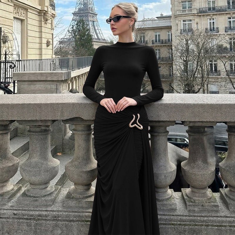 Ruched Bodycon Gown with Metal Hardware | High Neck Modal Maxi Dress(MS233) - Image 12
