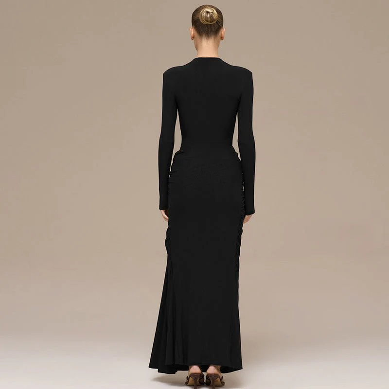 Ruched Bodycon Gown with Metal Hardware | High Neck Modal Maxi Dress(MS233) - Image 13