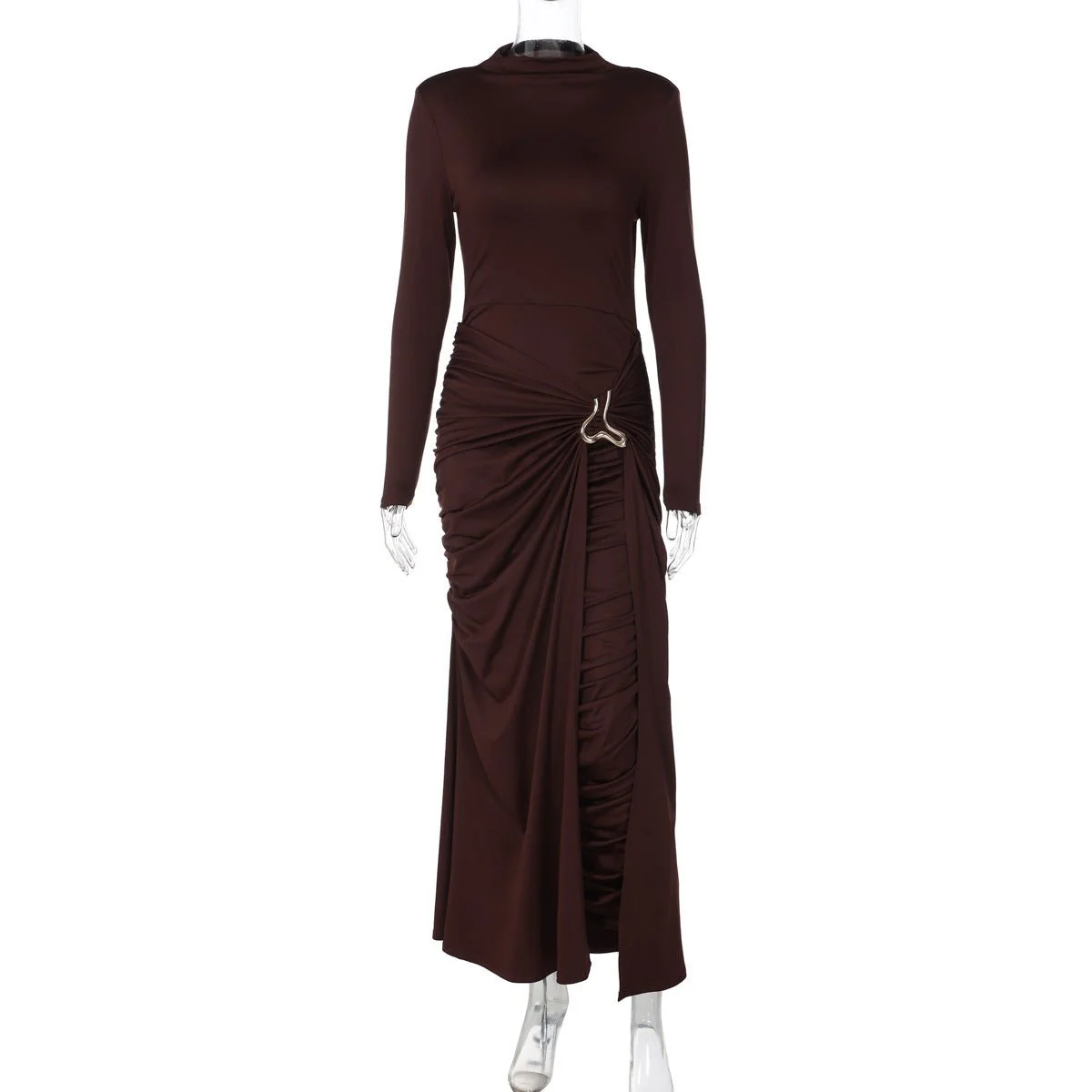 Ruched Bodycon Gown with Metal Hardware | High Neck Modal Maxi Dress(MS233) - Image 15