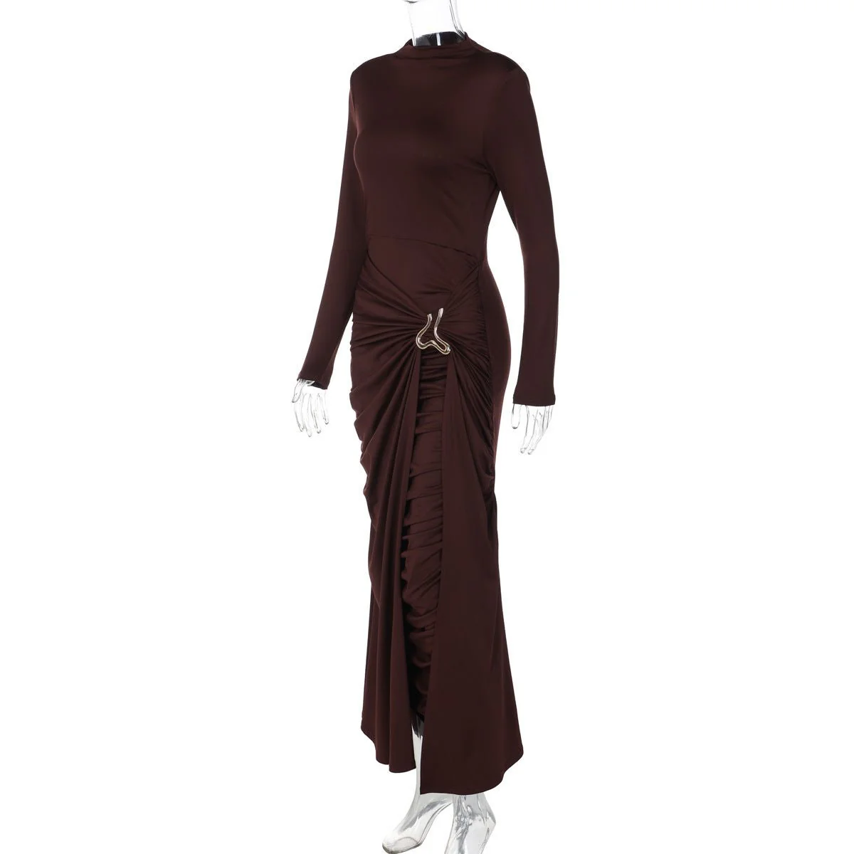 Ruched Bodycon Gown with Metal Hardware | High Neck Modal Maxi Dress(MS233) - Image 16
